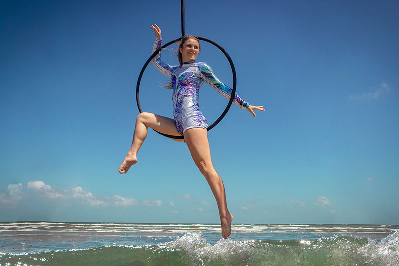 Rhythmic gymnast with hoop, Contortion with hula hoop Spiral